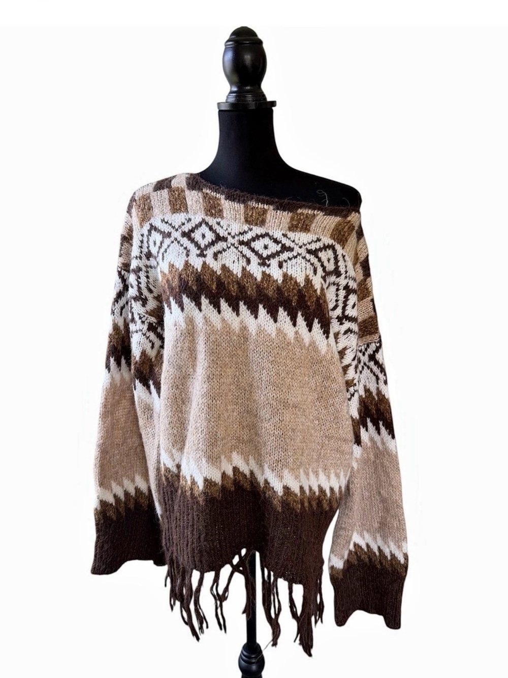 Blue B Aztec Fringe Wide Sleeve Oversized Sweater Brown Neutral Knit L